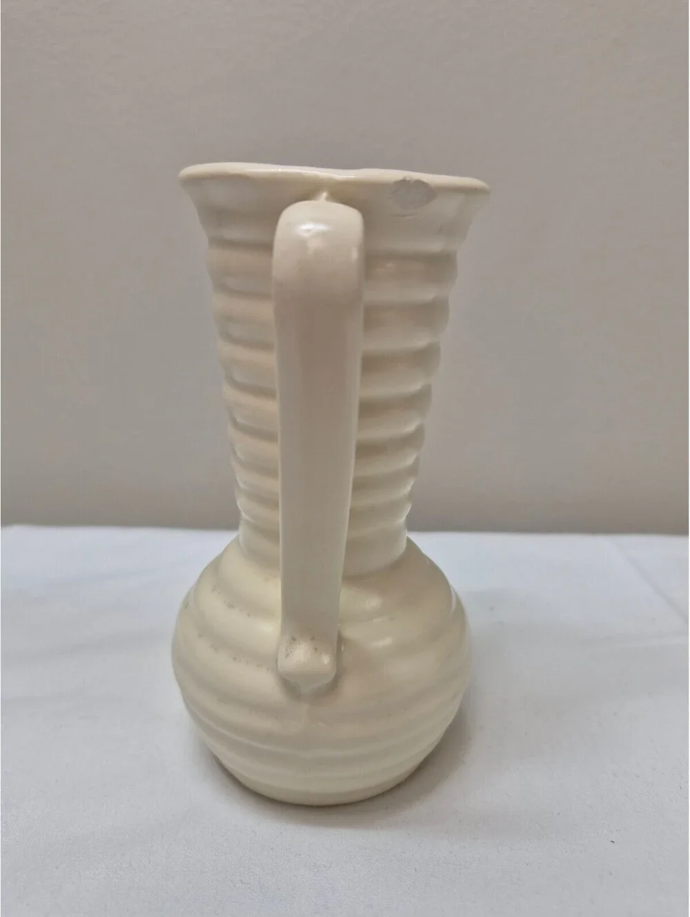 Vintage White Ceramic Ribbed Vase with Dual Handles and USA Marking, J8